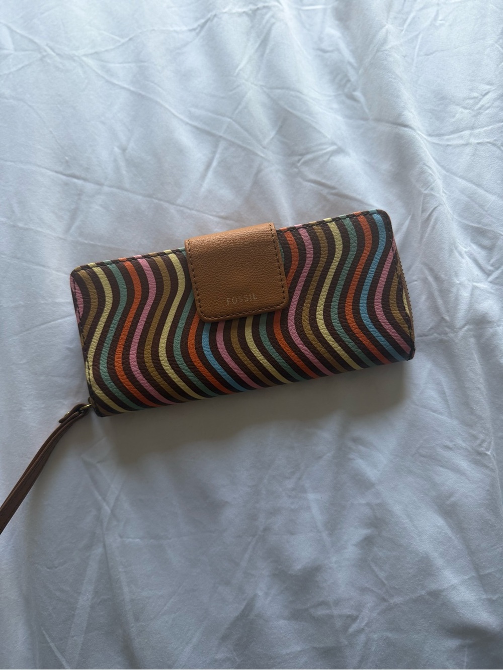 Fossil Multicolor Wave Stripe Leather Wrist Wallet with Tan Tab Boho Brown Zip